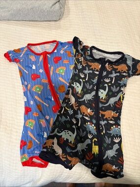 Little Sleepies Blue & Black Kids Pajama Rompers with Dino and Baseball Prints